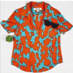 Diane Von Furstenberg Orange and Turquoise Abstract Print Silk Blouse